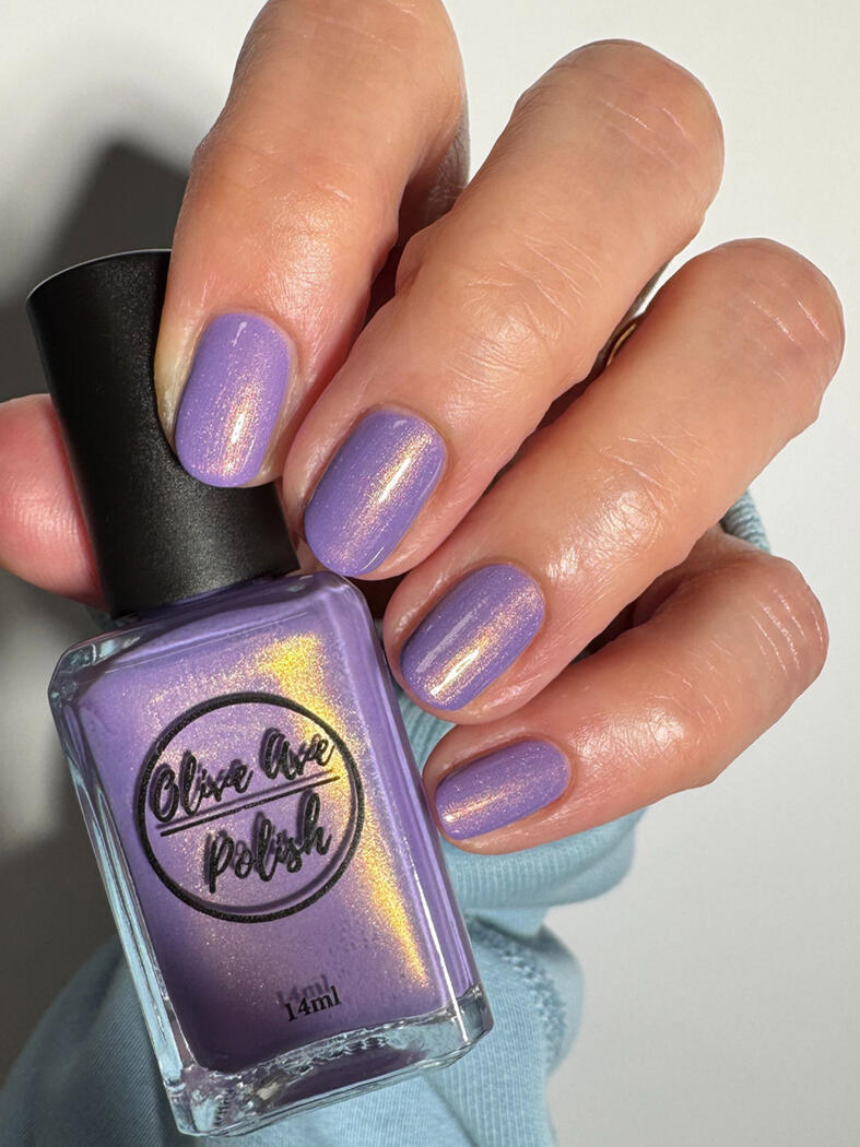 Color-accurate swatch, Olive Ave Santa Rita, shimmery finish on short natural nails.